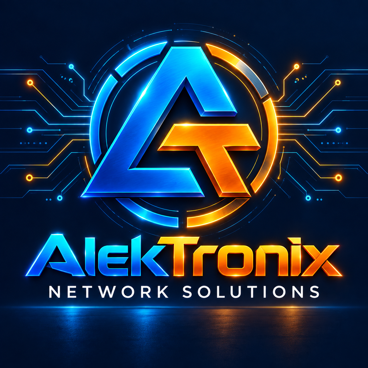 AlekTronix Network Solutions metallic blue and orange logo with illuminated circuits